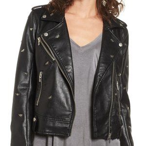 BlankNYC vegan leather jacket with dragonflies